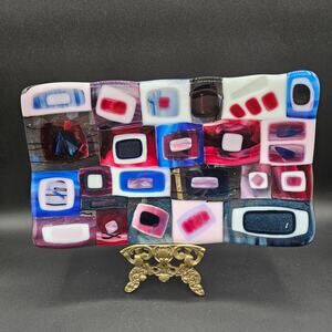 Stunning Fused Glass Platter Gemetric Design 12"x7" (30.48cmx17.78cm) Multicolor